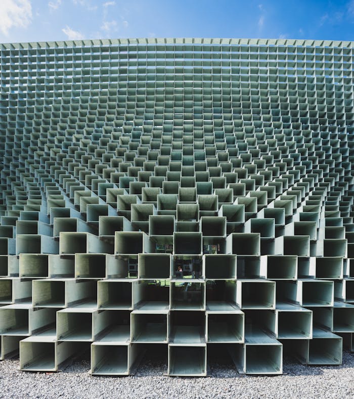 A modern architectural metal structure with geometric design in Toronto.